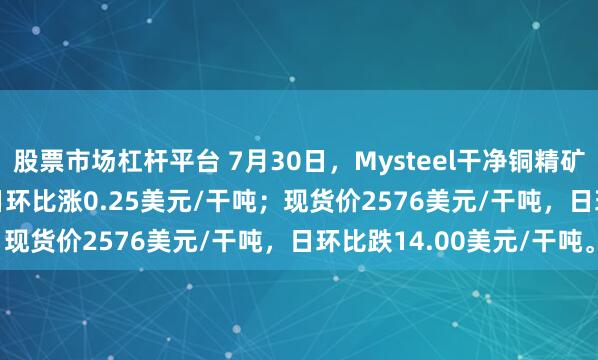 股票市场杠杆平台 7月30日，Mysteel干净铜精矿TC-42.5美元/干吨，日环比涨0.25美元/干吨；现货价2576美元/干吨，日环比跌14.00美元/干吨。